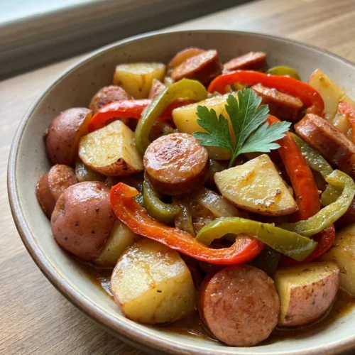 A warm bowl of crockpot kielbasa and potatoes with a fork resting on the side.