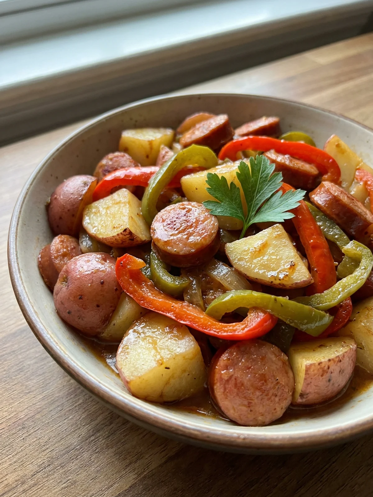 A warm bowl of crockpot kielbasa and potatoes with a fork resting on the side.