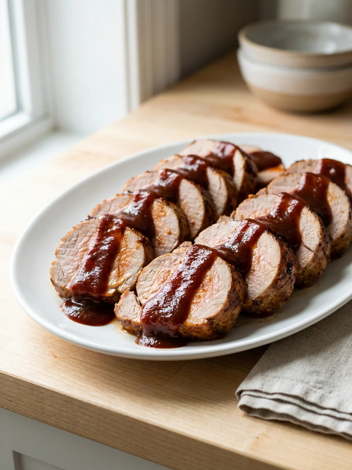 A close-up of sliced pork medallions with a dark, glossy sauce on a white plate.