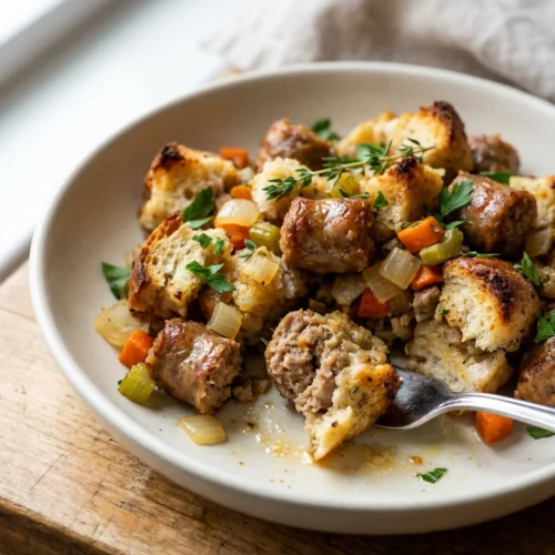 A close-up shot of the finished sausage stuffing, showing texture and ingredients.
