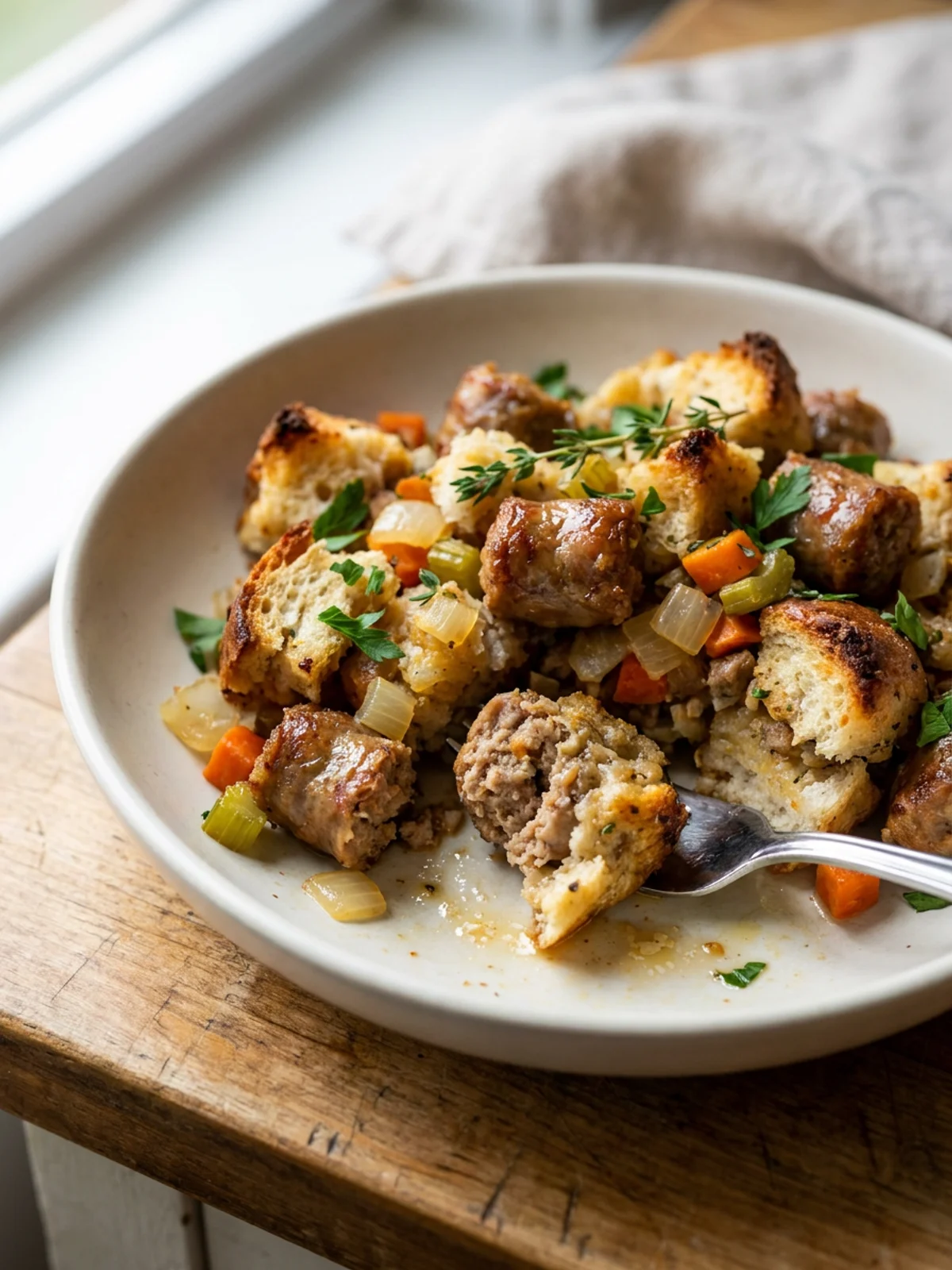 A close-up shot of the finished sausage stuffing, showing texture and ingredients.