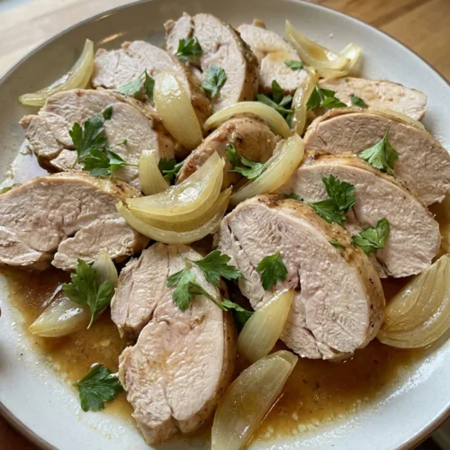 Slices of juicy slow cooker turkey breast arranged on a white serving platter with parsley.