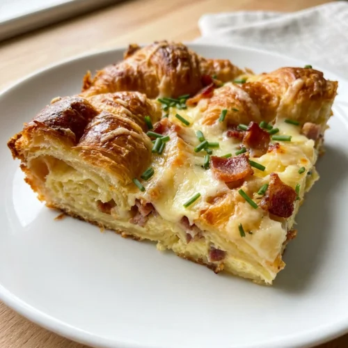 The finished croissant breakfast casserole in its baking dish, garnished with fresh herbs.