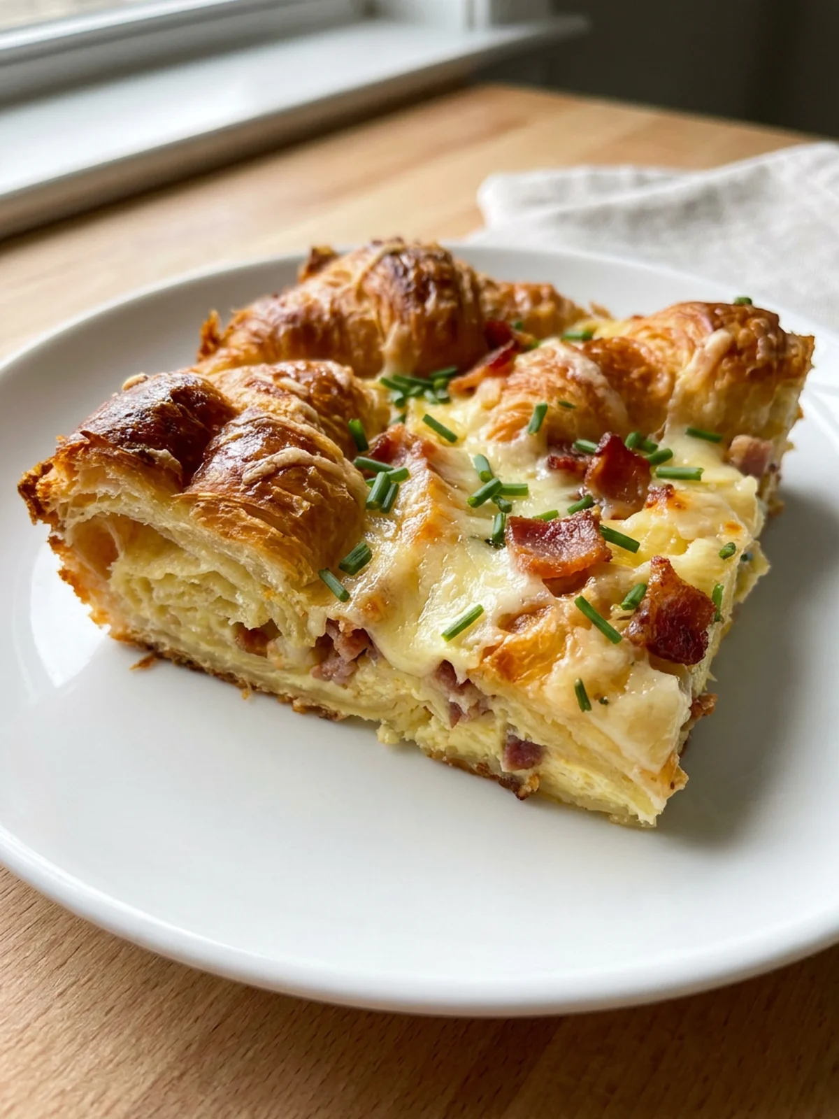 The finished croissant breakfast casserole in its baking dish, garnished with fresh herbs.