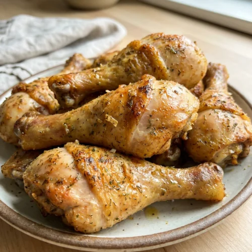 A single layer of seasoned chicken drumsticks cooking inside an air fryer basket.