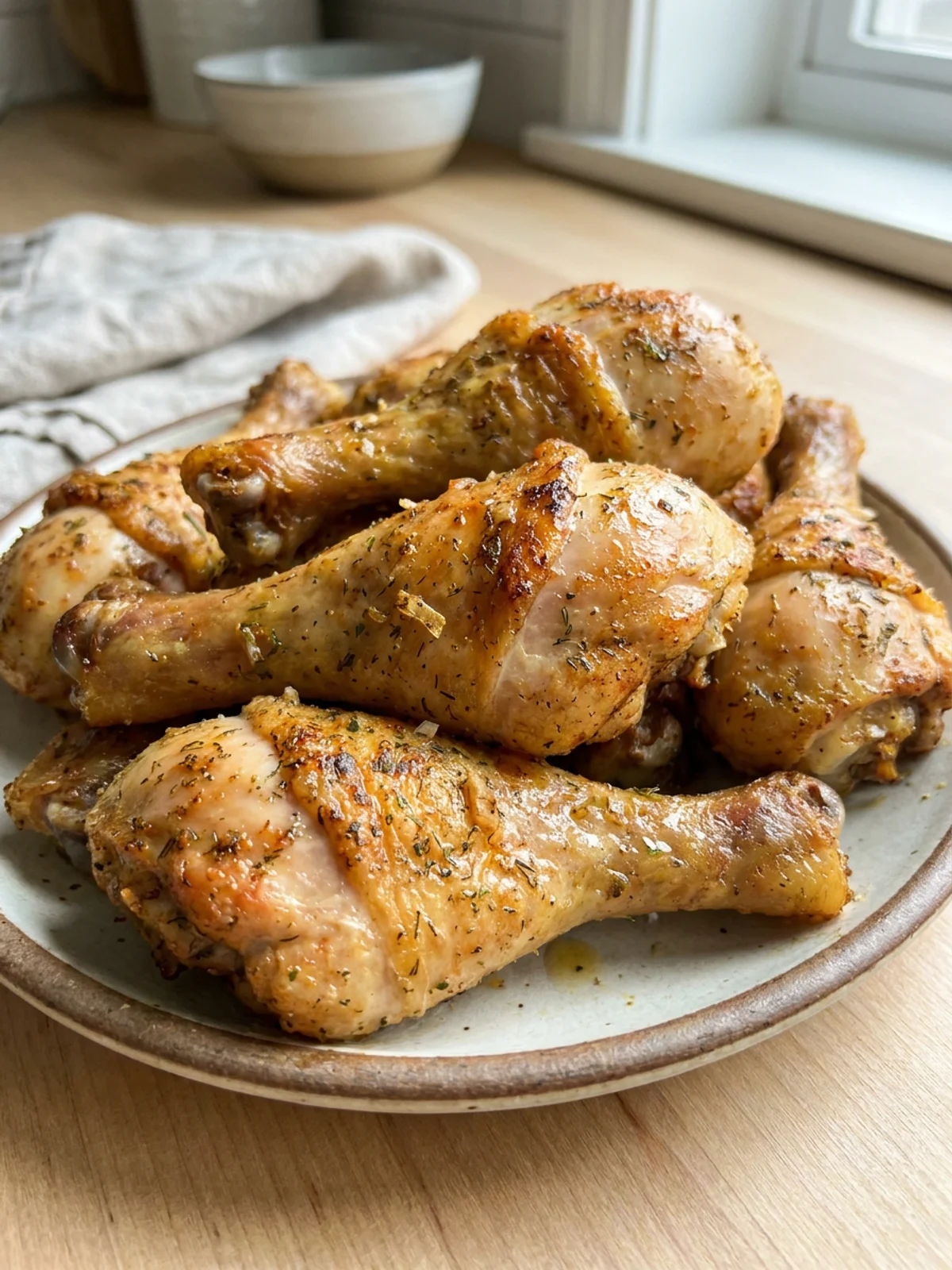 A single layer of seasoned chicken drumsticks cooking inside an air fryer basket.