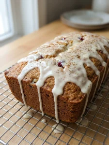 A side view of a sliced eggnog quick bread showing its moist, tender crumb.