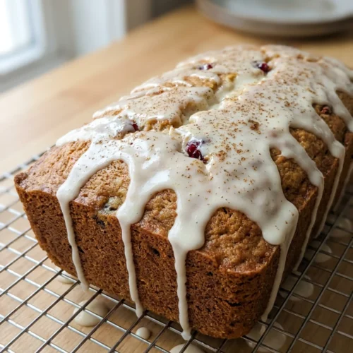 A side view of a sliced eggnog quick bread showing its moist, tender crumb.