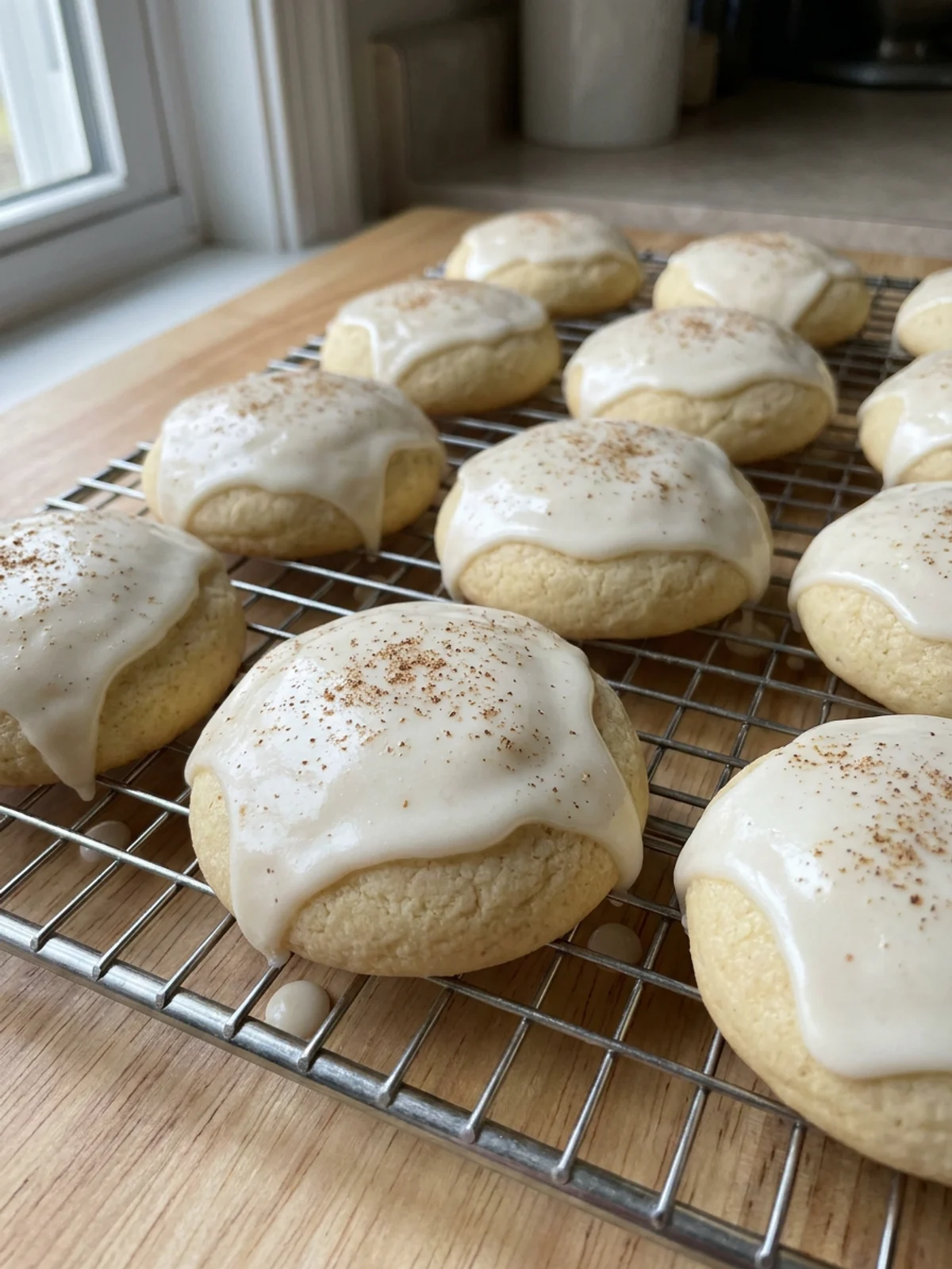 A stack of round eggnog cookies with white icing on a festive platter.