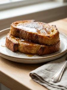 A close-up shot of a single serving of baked eggnog french toast on a fork.