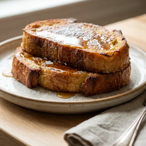 A close-up shot of a single serving of baked eggnog french toast on a fork.