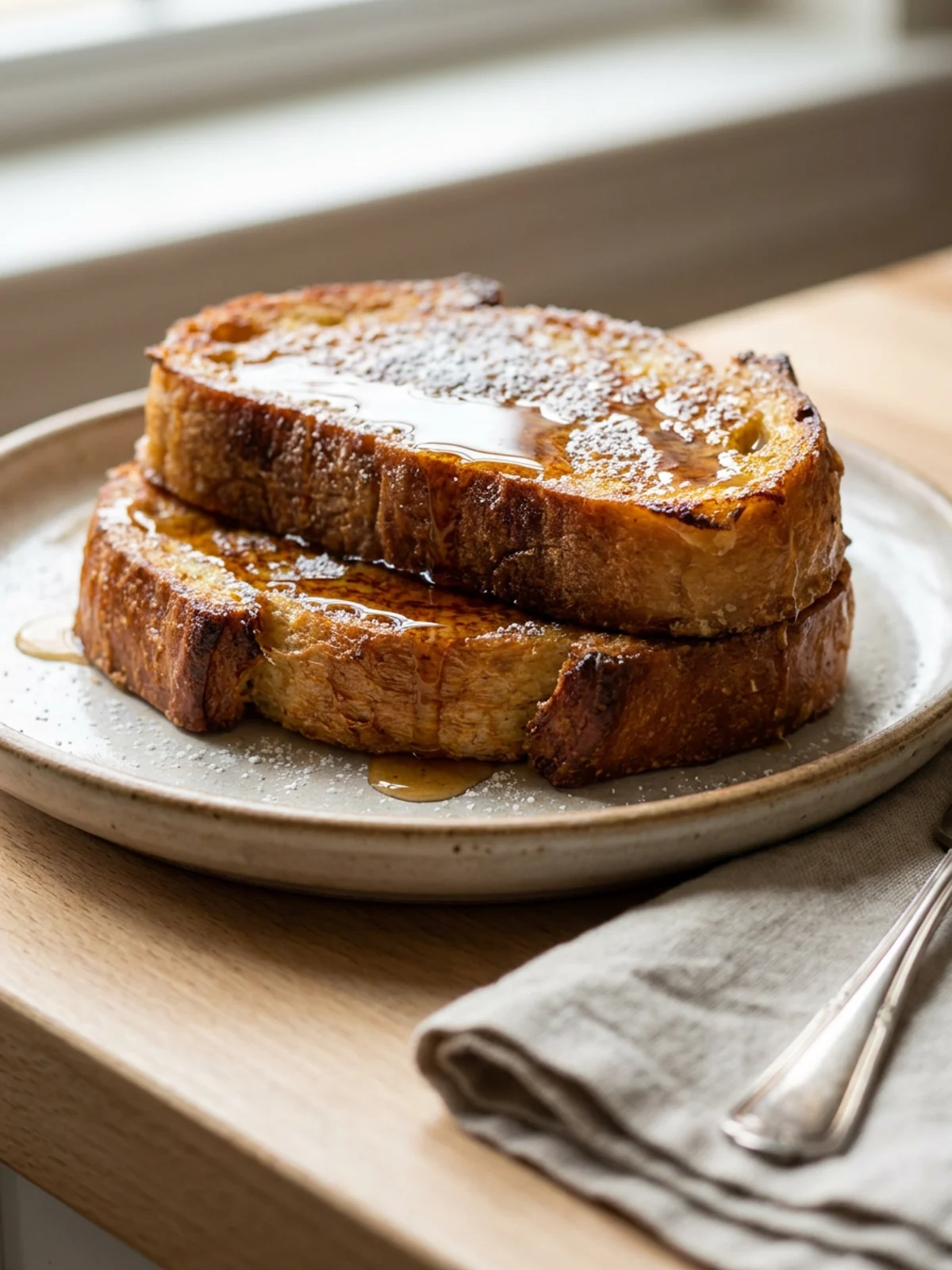 A close-up shot of a single serving of baked eggnog french toast on a fork.