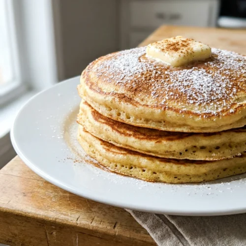 A tall stack of golden brown pancakes topped with butter on a white plate.