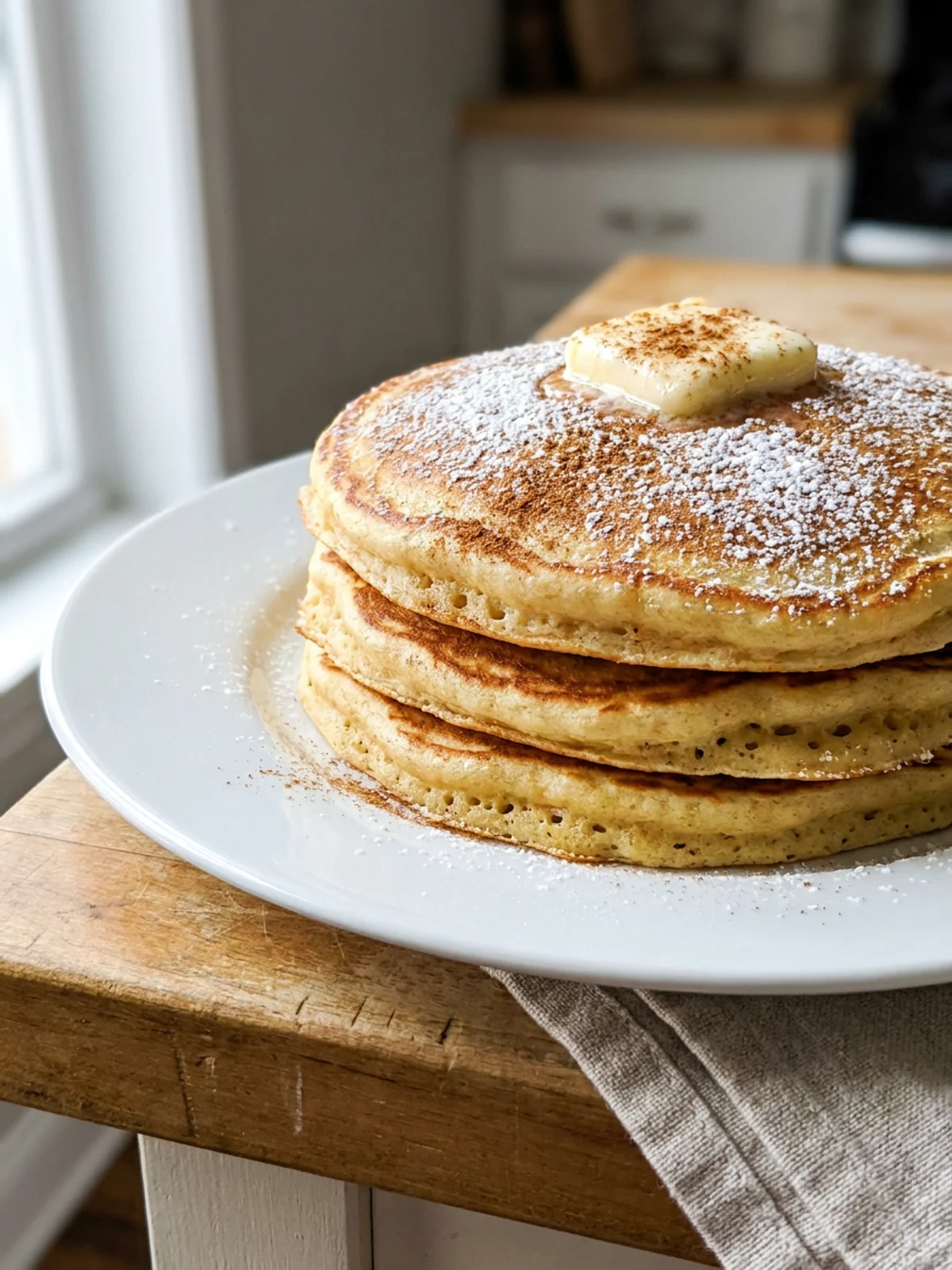 A tall stack of golden brown pancakes topped with butter on a white plate.