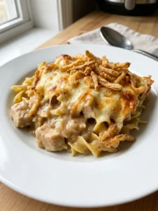 The finished French onion chicken casserole, golden brown and bubbly in its dish.