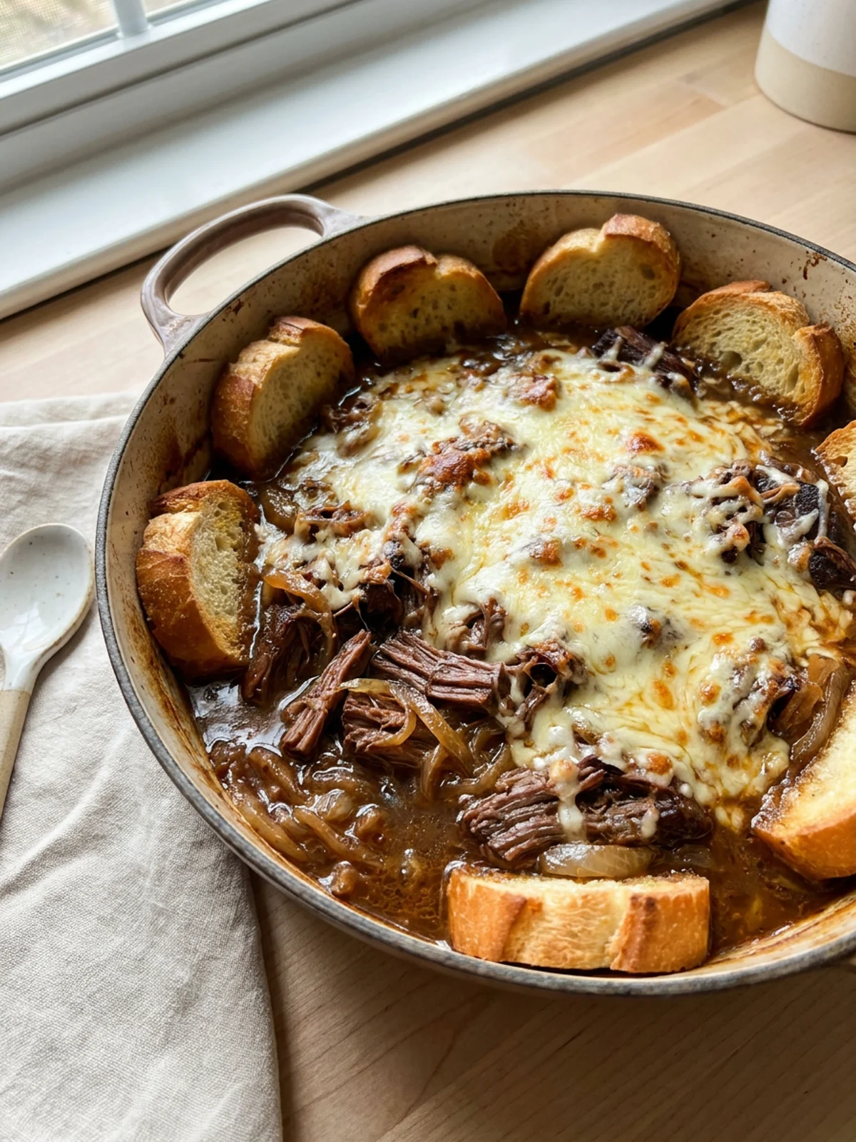 A close-up of French onion pot roast with a cheesy topping being scooped.