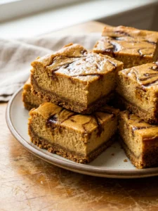 A hand using a spatula to lift a gingerbread cheesecake bar from the baking pan.