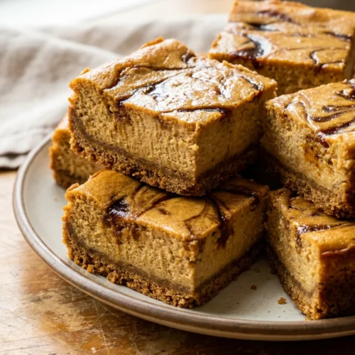 A hand using a spatula to lift a gingerbread cheesecake bar from the baking pan.