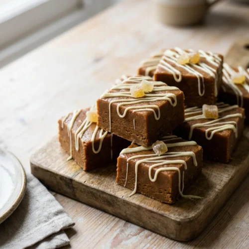 A platter of square gingerbread fudge pieces with a decorative white chocolate drizzle.