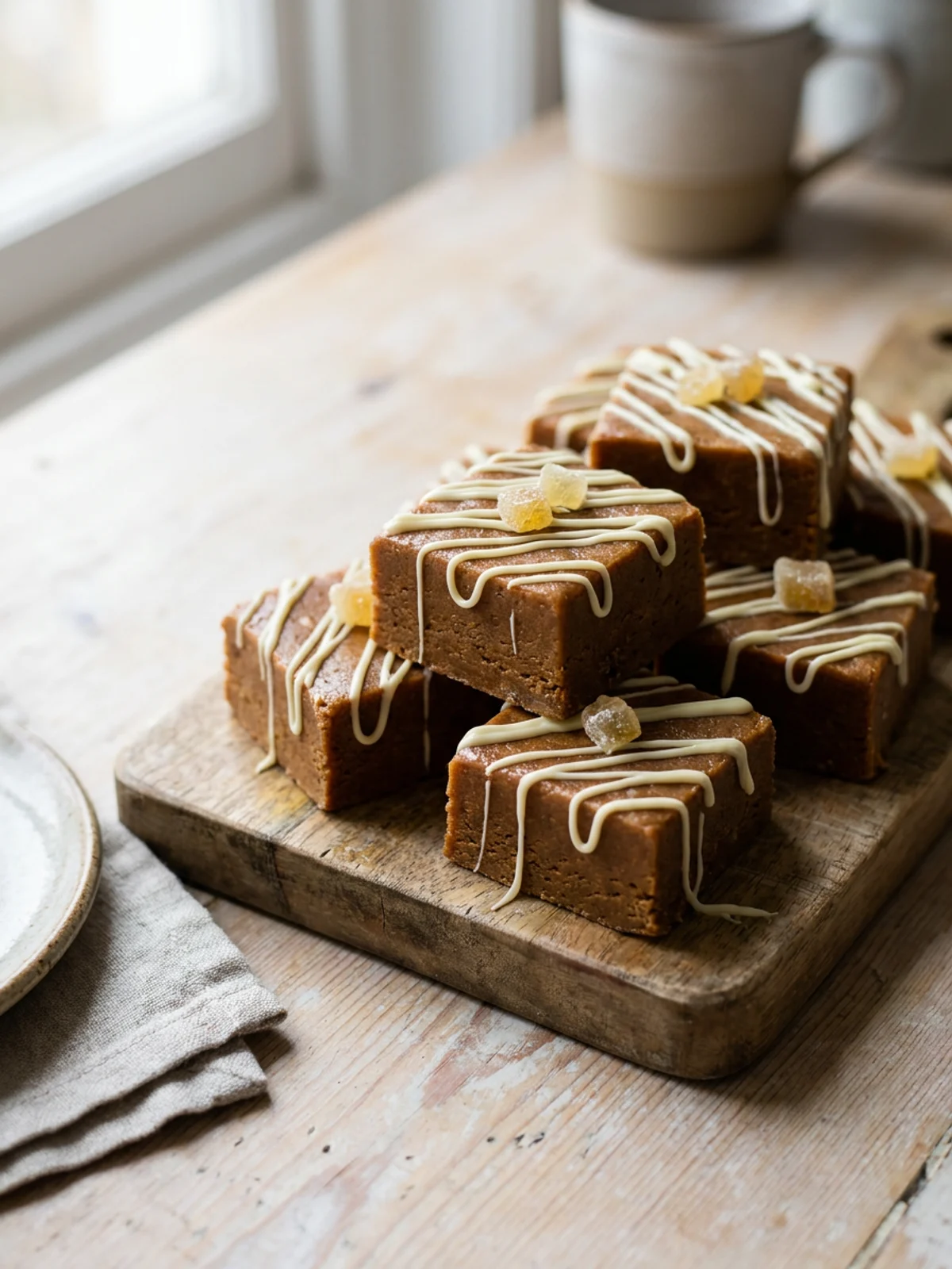 A platter of square gingerbread fudge pieces with a decorative white chocolate drizzle.