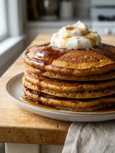 A tall stack of fluffy gingerbread pancakes with whipped cream on top.