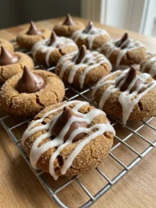 A close-up of a single gingerbread thumbprint cookie showing its sparkly sugar coating and chocolate center.