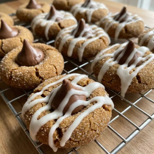A close-up of a single gingerbread thumbprint cookie showing its sparkly sugar coating and chocolate center.