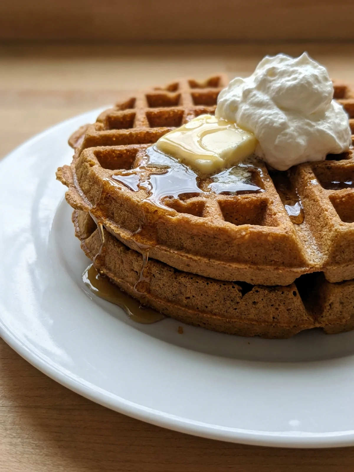 A close-up of two gingerbread waffles on a white plate, topped with whipped cream.