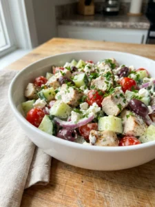 A serving of creamy Greek chicken salad in a white ceramic bowl.
