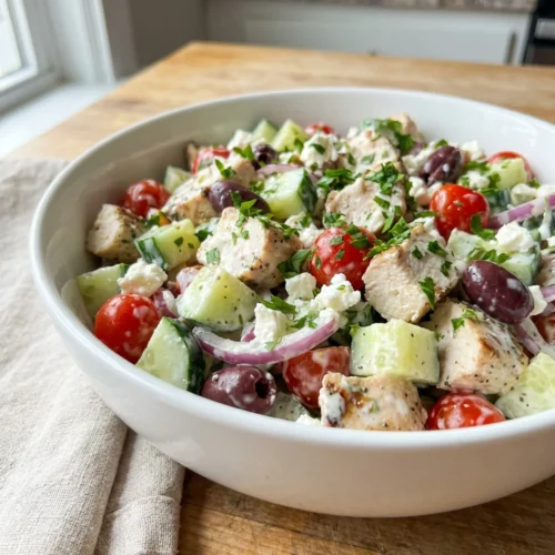 A serving of creamy Greek chicken salad in a white ceramic bowl.