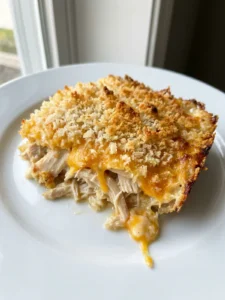 A serving of creamy chicken casserole with a crunchy panko topping on a white plate.