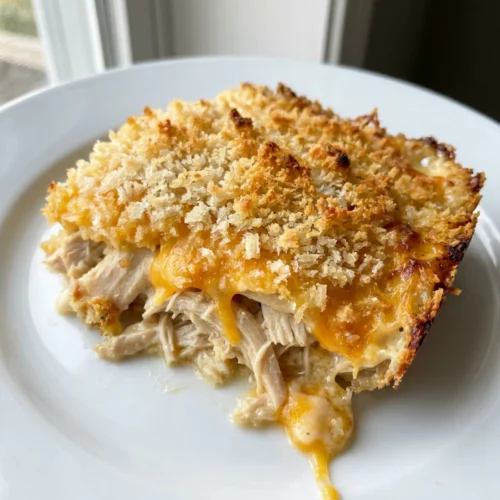 A serving of creamy chicken casserole with a crunchy panko topping on a white plate.