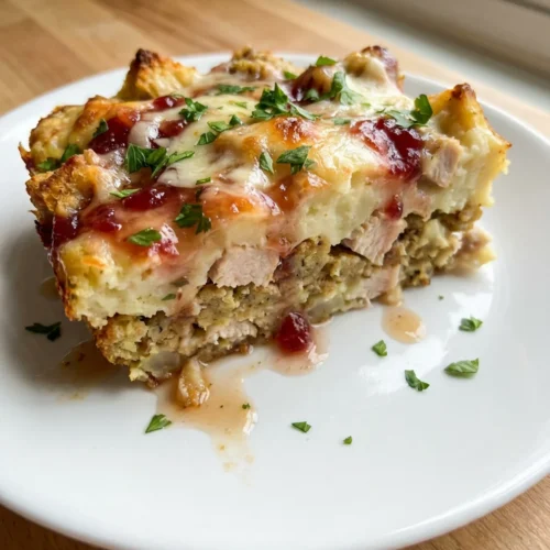 Close-up of a slice of layered turkey stuffing casserole on a white dinner plate.