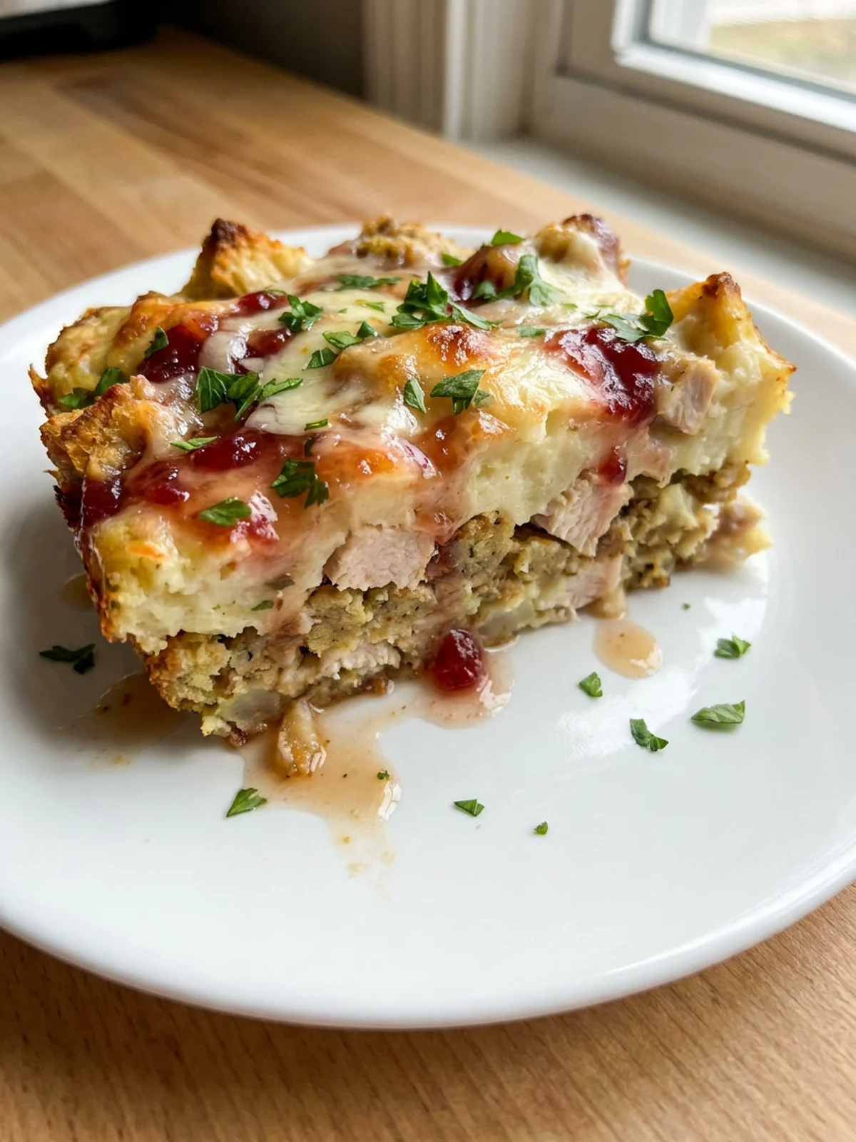 Close-up of a slice of layered turkey stuffing casserole on a white dinner plate.