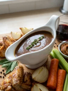 A white ceramic gravy boat filled with smooth, dark brown make-ahead turkey gravy.