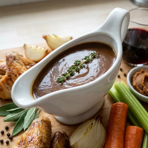 A white ceramic gravy boat filled with smooth, dark brown make-ahead turkey gravy.