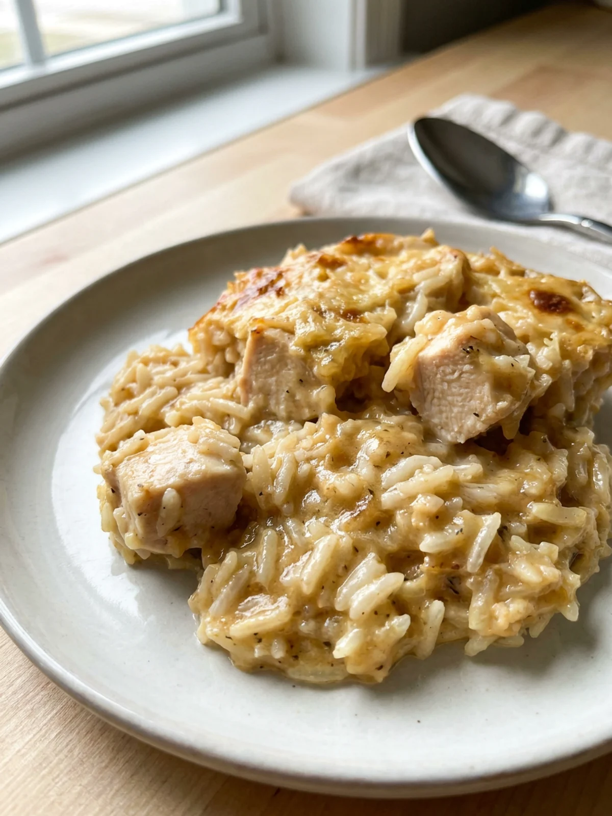 Close-up of a forkful of chicken and rice casserole from a white plate.