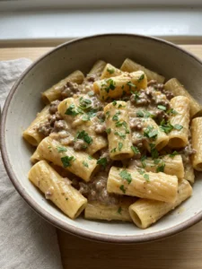 A close-up of creamy beef pasta in a white bowl.