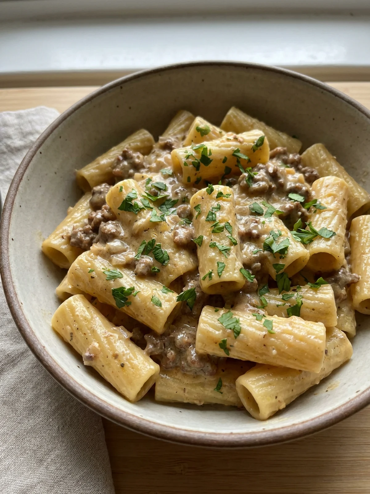 A close-up of creamy beef pasta in a white bowl.