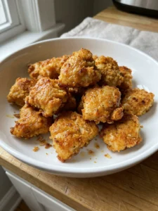 Overhead shot of crispy baked chicken nuggets with a side of dipping sauce.