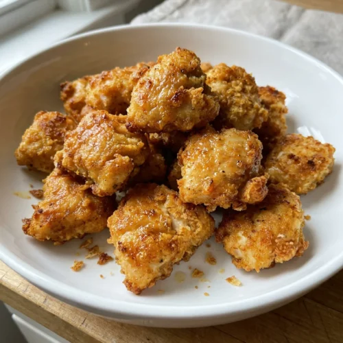 Overhead shot of crispy baked chicken nuggets with a side of dipping sauce.