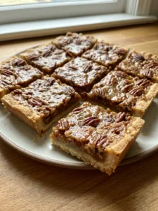 A hand lifting one pecan pie bar from a parchment-lined pan full of bars.