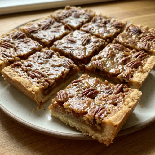 A hand lifting one pecan pie bar from a parchment-lined pan full of bars.