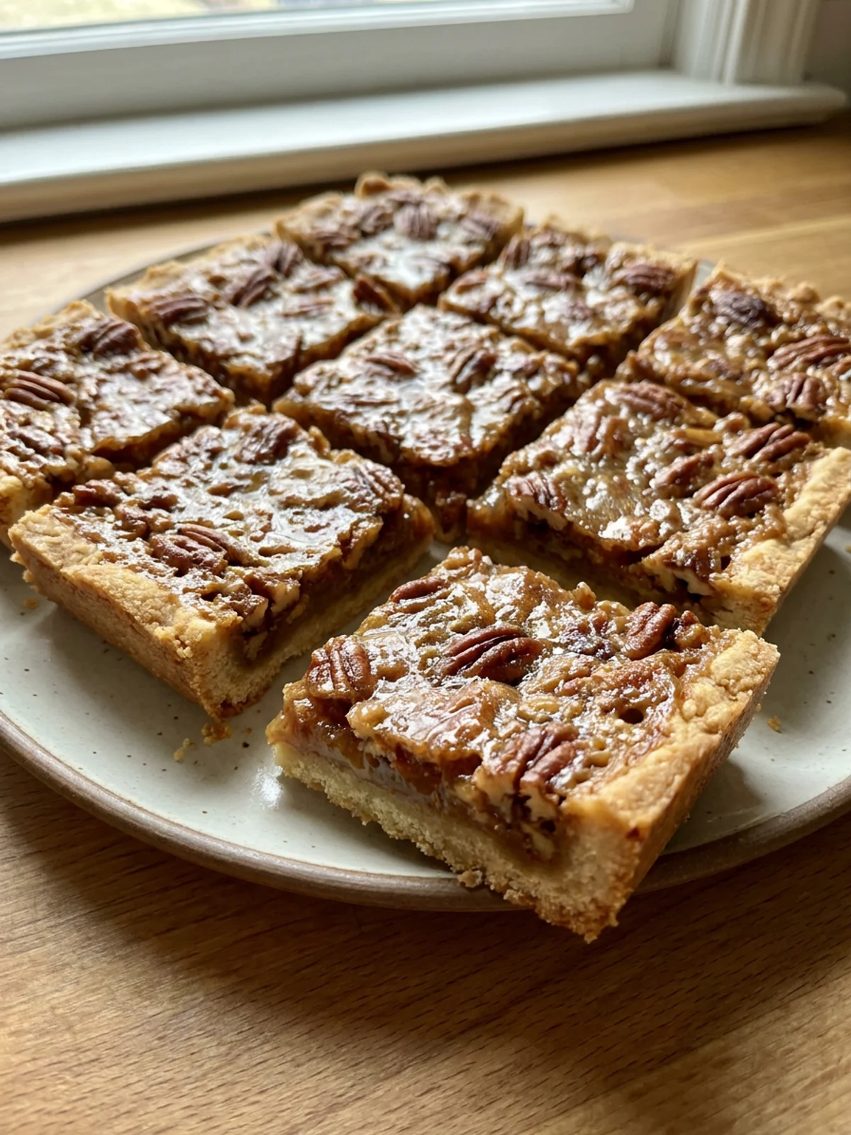 A hand lifting one pecan pie bar from a parchment-lined pan full of bars.