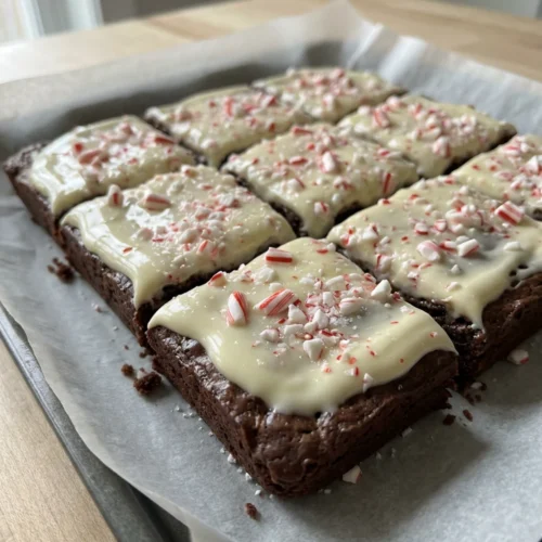 A side view of a brownie highlighting the chocolate base and white peppermint topping.