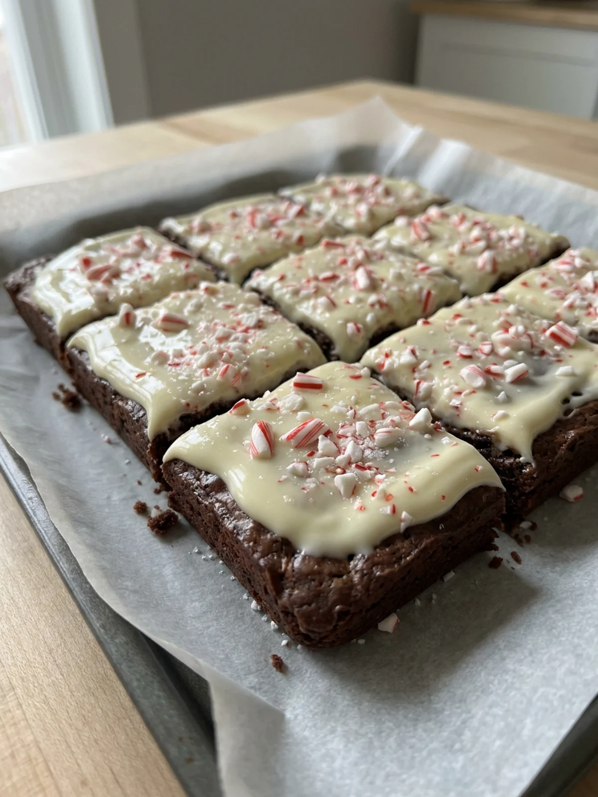 A side view of a brownie highlighting the chocolate base and white peppermint topping.