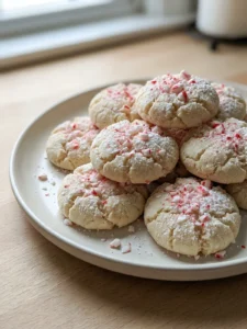 A close-up of several baked peppermint meltaway cookies on a white plate.