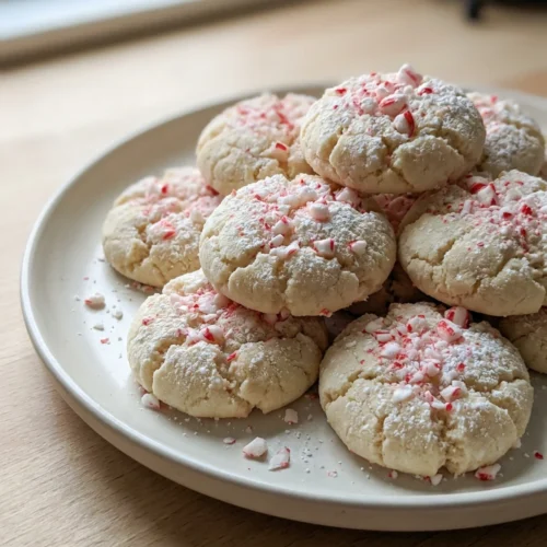 A close-up of several baked peppermint meltaway cookies on a white plate.