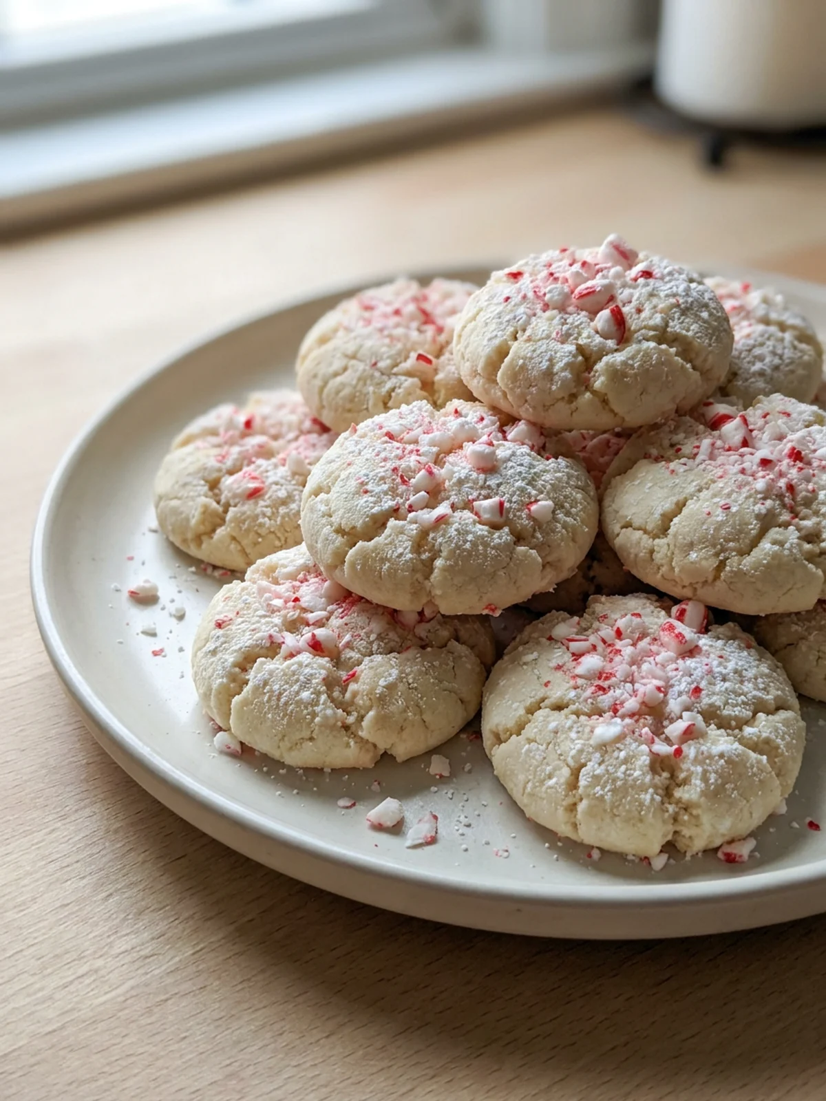 A close-up of several baked peppermint meltaway cookies on a white plate.