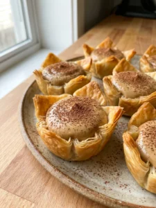 A white bowl filled with whipped coffee cream next to empty baked phyllo shells.
